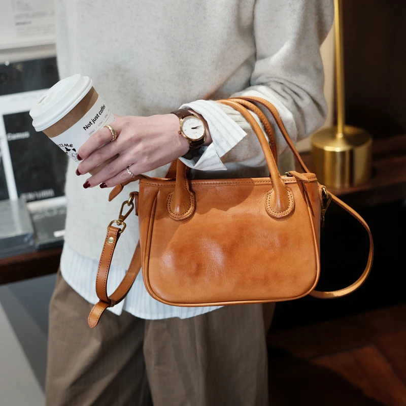 Genuine Leather Women Handbags Brown Small Square Crossbody Bag Female Portable Shoulder Plant Tanned Top Layer Cowhide Bags
